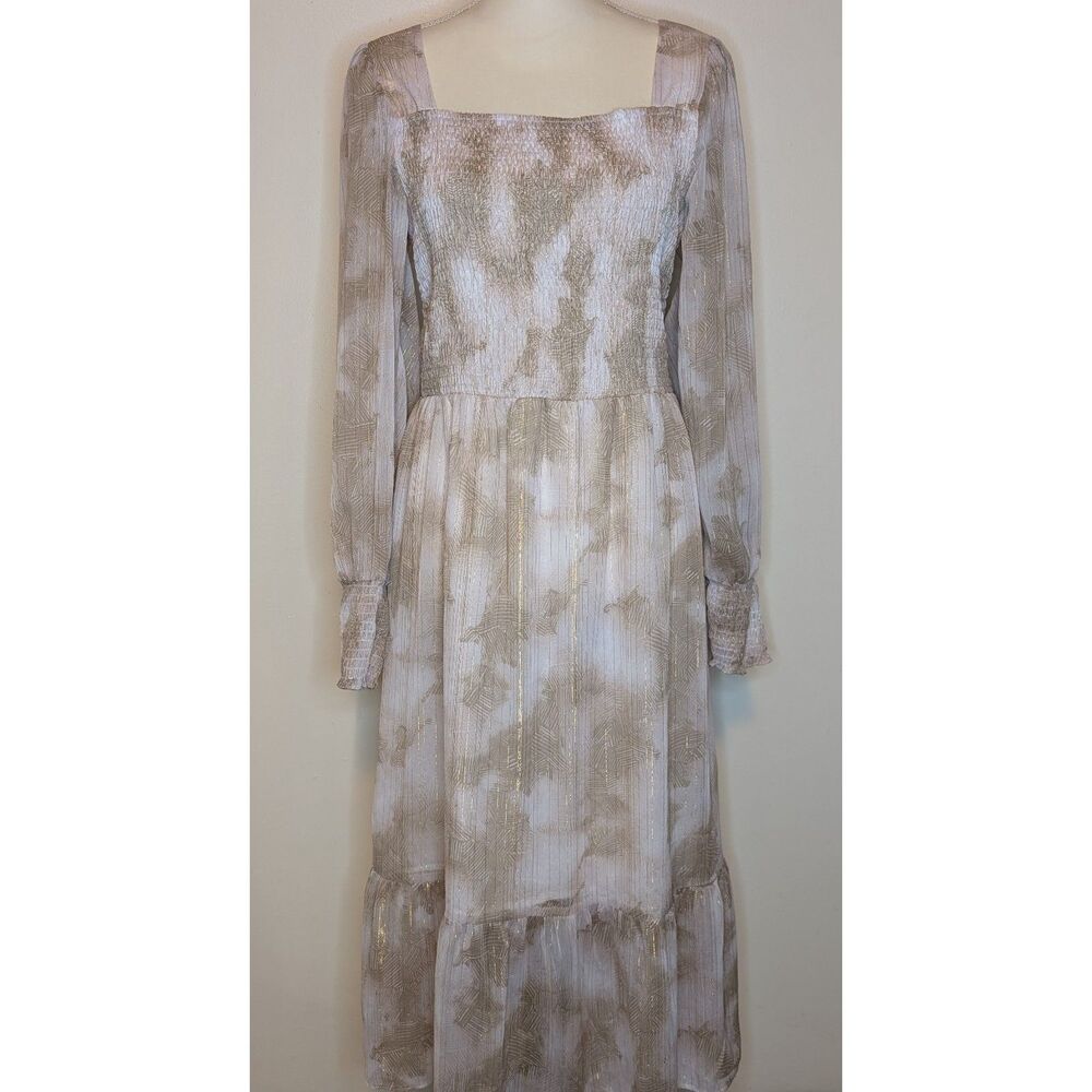 Nine West Metallic Gold Lurex Smocked Long Sleeve Maxi Dress L
